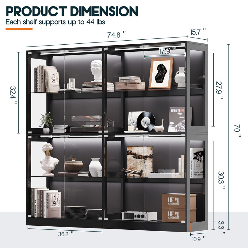 RGB Display Cabinet with Adjustable Glass Shelves, 4-Tier Storage Case with LED Lights & Press-to-Open Doors, Modern Display Shelf for Collectibles, Black 
