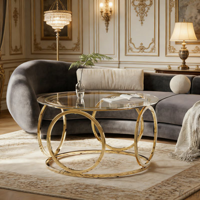 Table basse 31,5 "moderne avec plateau rond en verre avec cadre circulaire en métal, table d'appoint contemporaine pour le salon, le bureau et le salon (verre transparent + cadre doré)