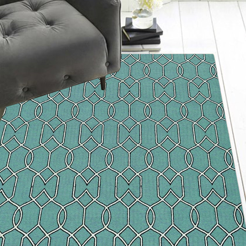 Tapis carré intérieur / extérieur en polypropylène à motif géométrique carré bleu