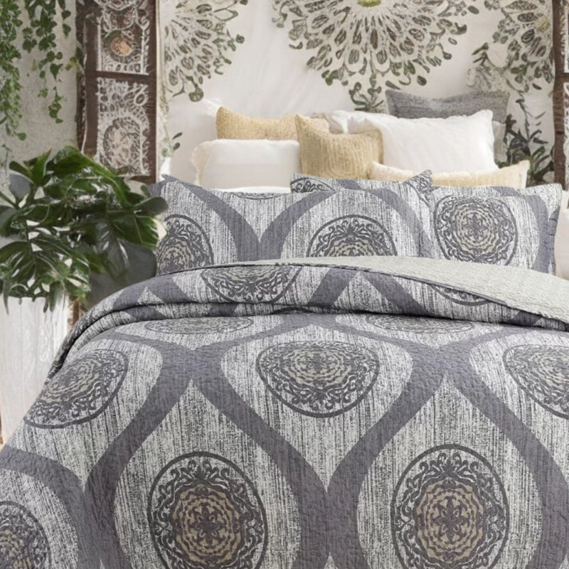 Bungalow Rose Charcoal Gray Medallion Quilted Bedspread Set - Modern Floral Mosaic Design, Queen Quilt + 2 Standard Shams