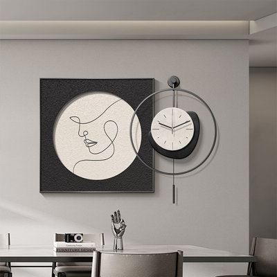 Black & Beige Abstract Line Portrait Square Art with LED Pendulum Wall Clocks