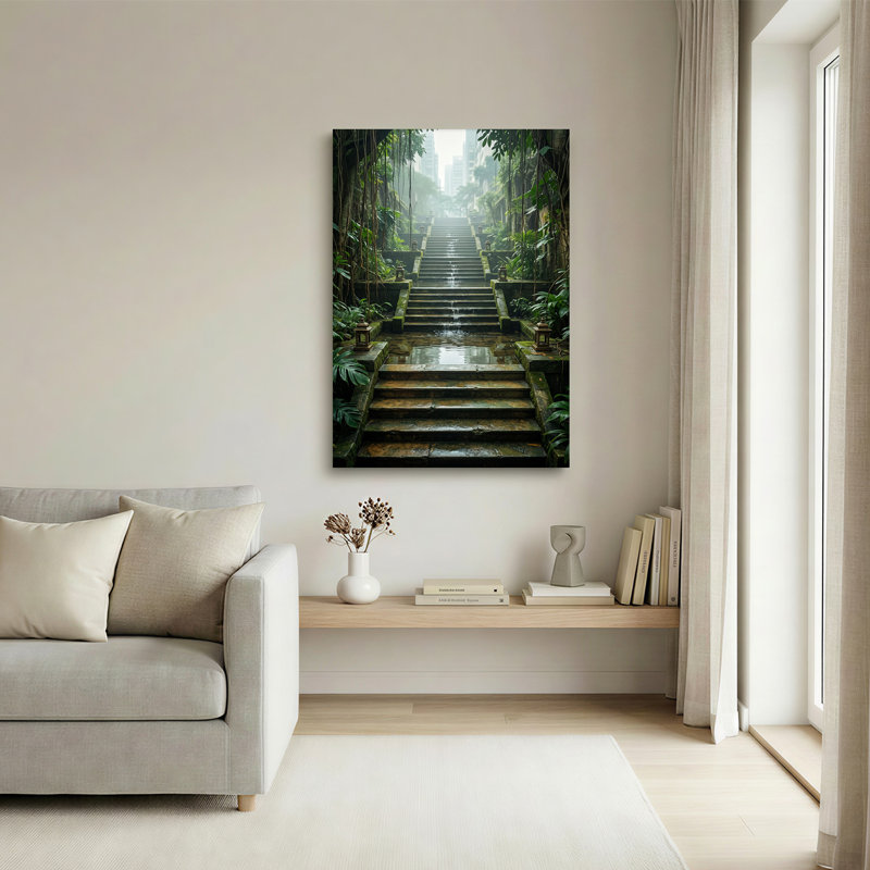 Art mural sur toile, escalier en pierre dans la jungle tropicale à l'horizon de la ville, 48"H x 32"W