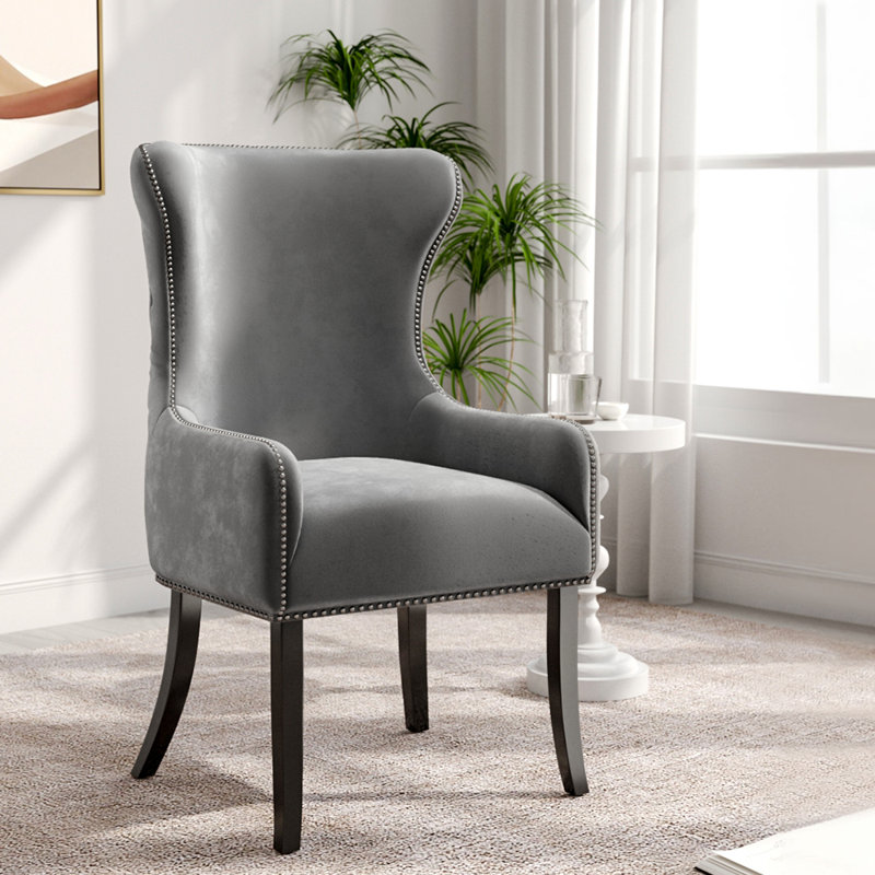 Latty 46cm H Velvet Upholstered Wing Back Side Chair Dining Chair, Grey, 1