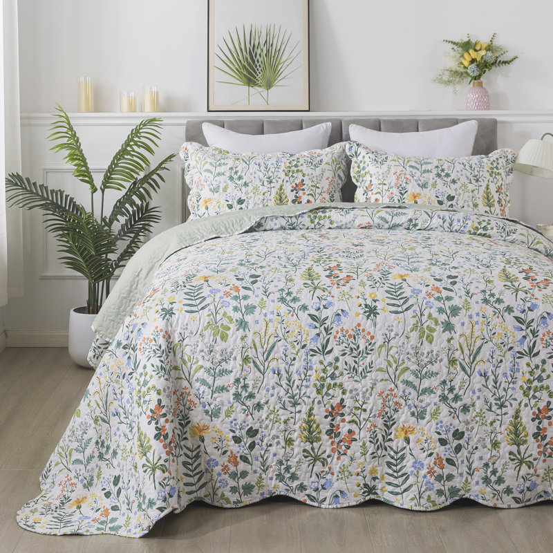 HoneiLife Small floral pattern White Blended Quilting 3-Piece Queen Size Bedding sets, white, QUEEN