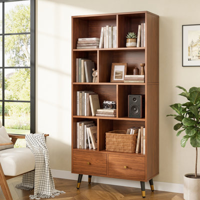 70.1" Tall Mid-Centry Modern 8-cube Storage Bookcase with Drawers, 4-Tier Display Bookshelf Organizer For Bedroom, Living Room, Office, Study