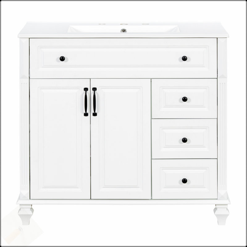 Meuble-lavabo de 36 po en bois massif blanc avec lavabo, tiroir rabattable et grand espace de rangement, panneau de fibres à densité moyenne moderne avec poignées en métal