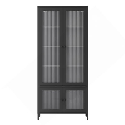 Grande armoire de rangement en métal avec 4 portes vitrées et 5 tablettes latérales