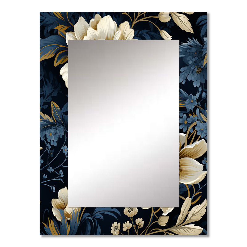 Amero Blue Peonies Regal Damask Opulence - Floral Decorative Mirror, Cottage Wall Mirror, Printed Metal Art, 32" x 24"