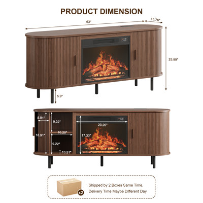 Fluted Curved Fireplace TV Stand, Media Console for TVs Up to 85", Wooden Entertainment Center with Sliding Doors for Living Room