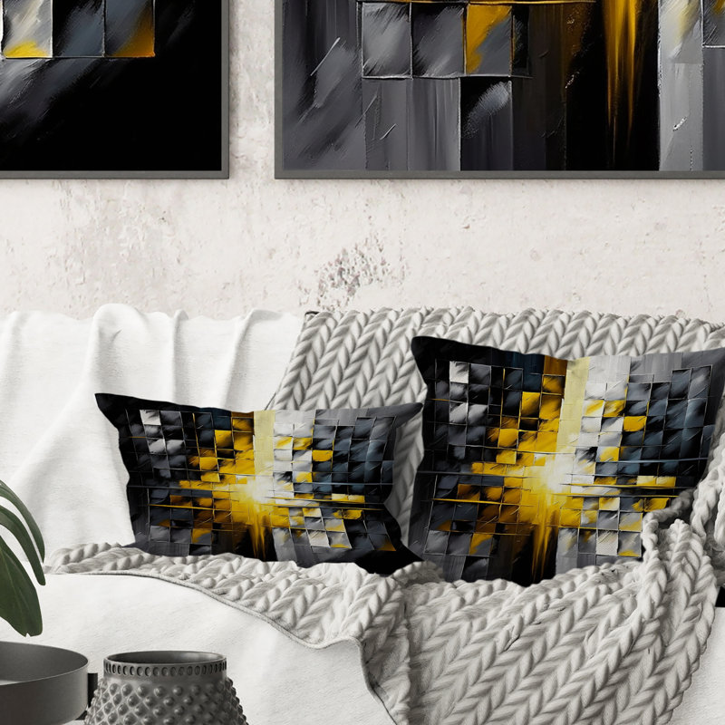 Abstrait géométrique noir et jaune IV - Coussin décoratif à imprimé géométrique abstrait