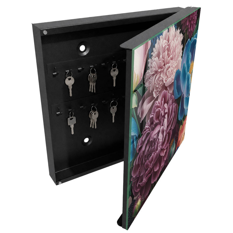 Key cabinet for wall, Opens to the right, 30x30x5, White, Colorful flowers on a black background, 