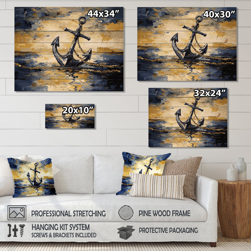 Coastal Anchor Into The Ocean - Art mural en bois nautique sur bois de pin naturel, H 24 po x l 32 po