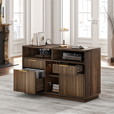 Classeur 41 po à 4 tiroirs en bois cannelé avec serrure et station de charge intégrée - Support d'imprimante pour bureau personnel avec tablettes ouvertes pour dossiers de format A4