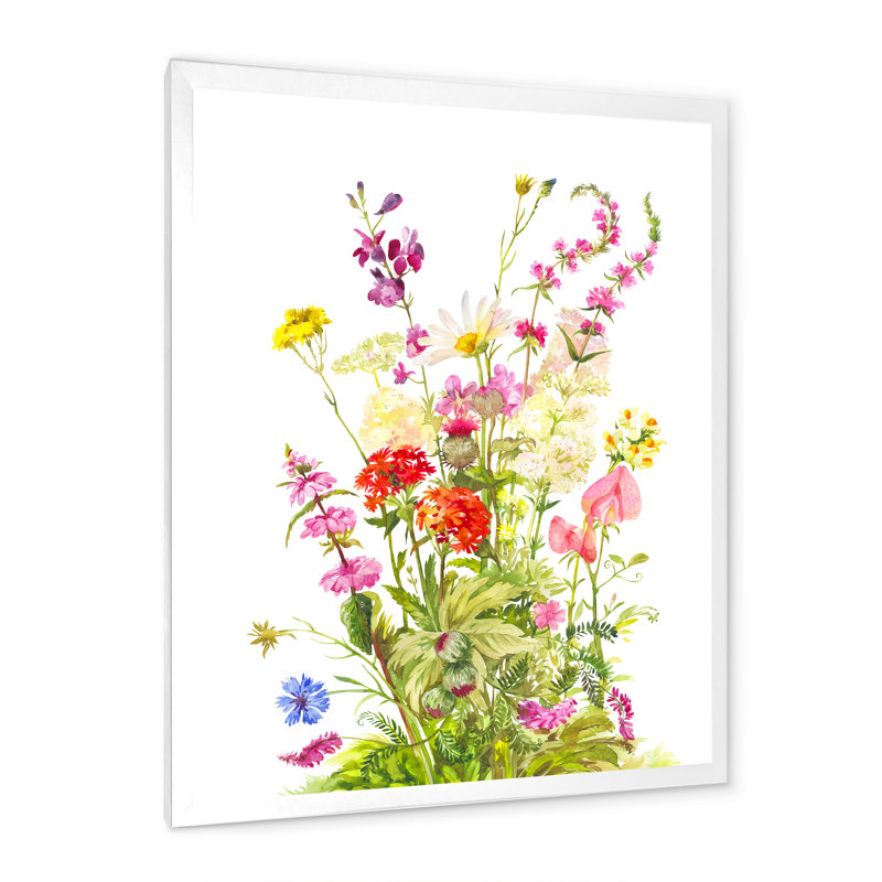 Bouquet de fleurs de la forêt en fleurs - œuvre d'art traditionnelle sur toile, H 20 po x l 12 po x P 1 po, Cadre photo blanc