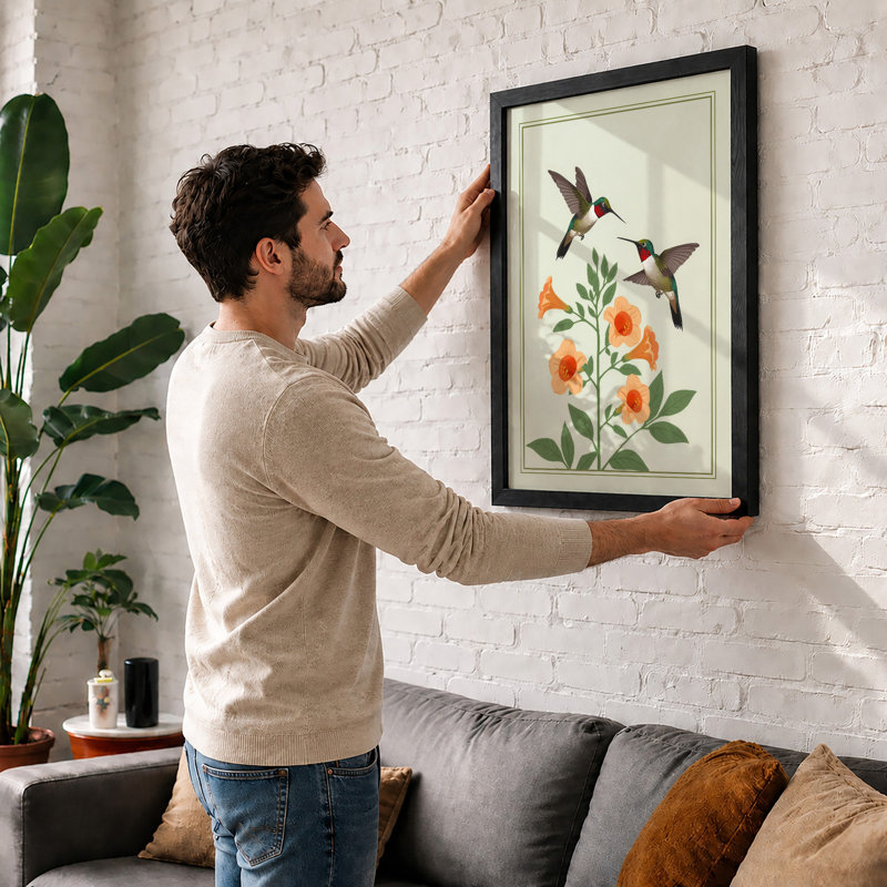 Hummingbirds at Bloom Botanical - Framed Print, Black, A4 - 29.7 x 21.0 cm