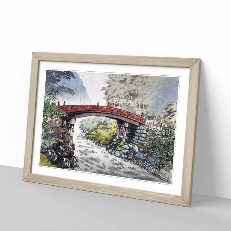 Sacred Bridge in Nikko by Tsuchiya Koitsu - Picture Frame Painting Print, 27cm H x 36cm W x 2cm D, Oak Framed