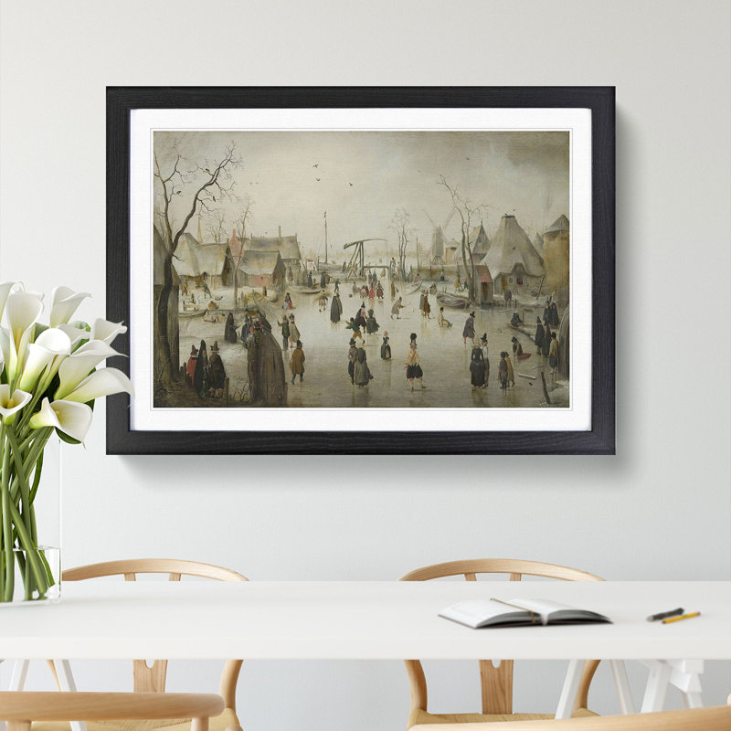 Ice-Skating in a Village by Hendrick Avercamp - Picture Frame Painting, 27cm H x 36cm W x 2cm D, Black Framed