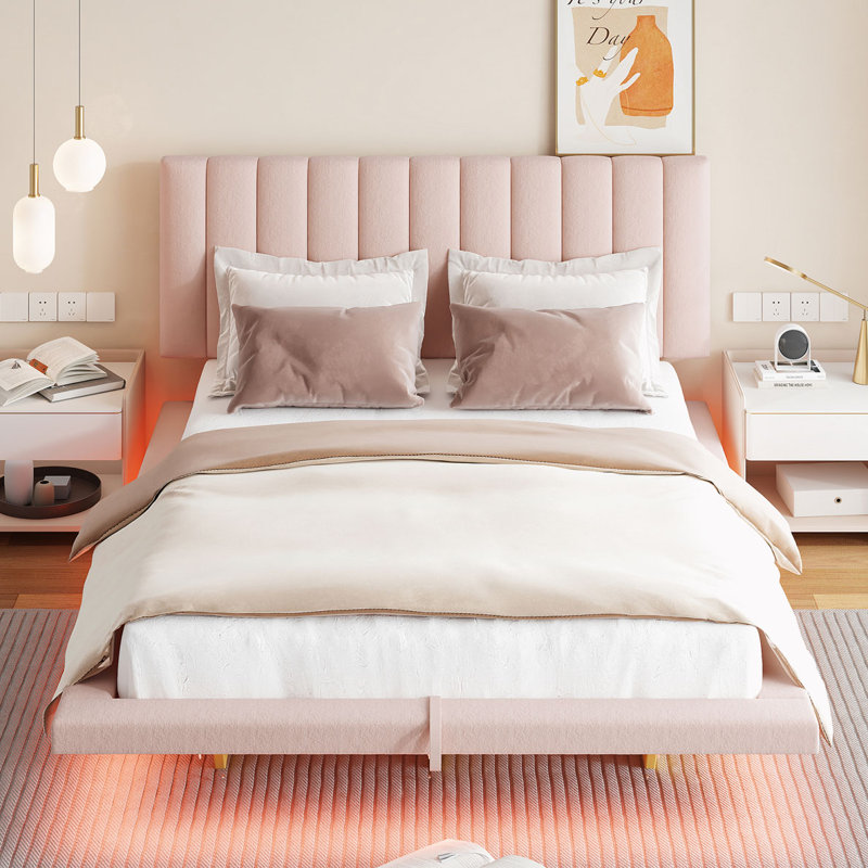 Grand lit flottant moderne en velours avec lumières DEL et port USB, Rose