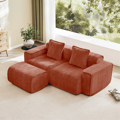 Canapé modulaire modulaire en L à 2 places avec passepoil à bordure française, aucun assemblage requis, canapé à 2 places avec coussins décoratifs et 1 repose-pieds mobile, tissu en velours rouge