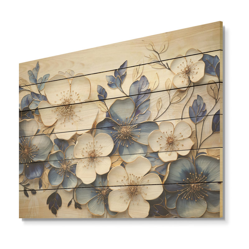 «Blue and Gold Minimalisme Violets - Violets», art mural sur bois de pin naturel, H 10 po x l 20 po