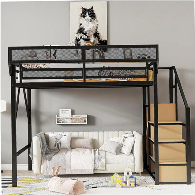 Grand lit mezzanine avec escalier, grand lit mezzanine en métal avec tablettes de rangement, lit mezzanine haut avec garde-robe pour enfants, adolescents et adultes, produits de brevet noir (ancien SKU W2580S00028)
