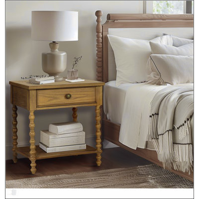 Solid Wood Nightstand With Two Drawers, Natural White Wash Finish, And Classic Rotating Legs For Elegant Bedroom Decor