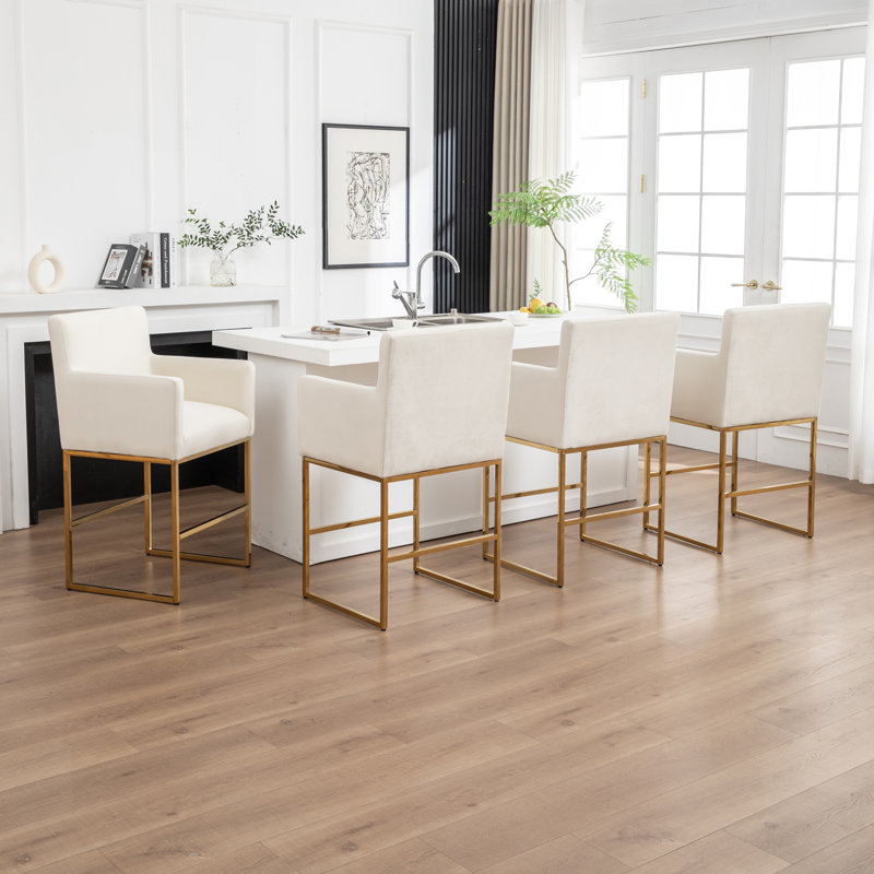 Upholstered Counter Stool With Metal Frame, Beige