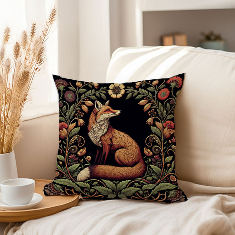  Animals William Morris Botanical Damask Style Fox II Cottage & Cottagecore, 16"H x 16"W