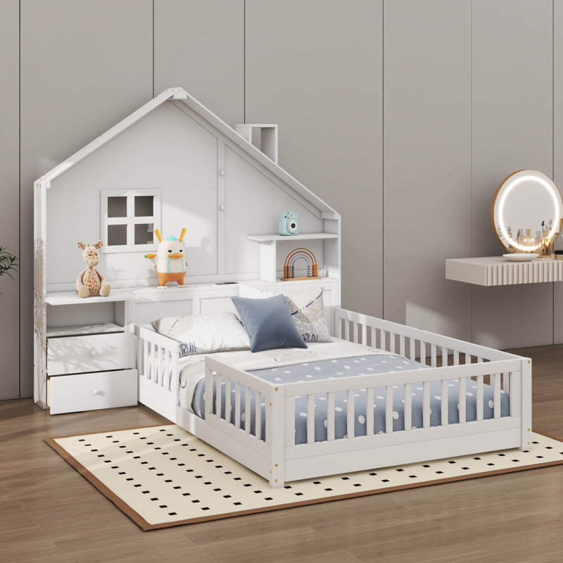 Lit Cozy House avec tiroirs latéraux, tablettes et prise USB