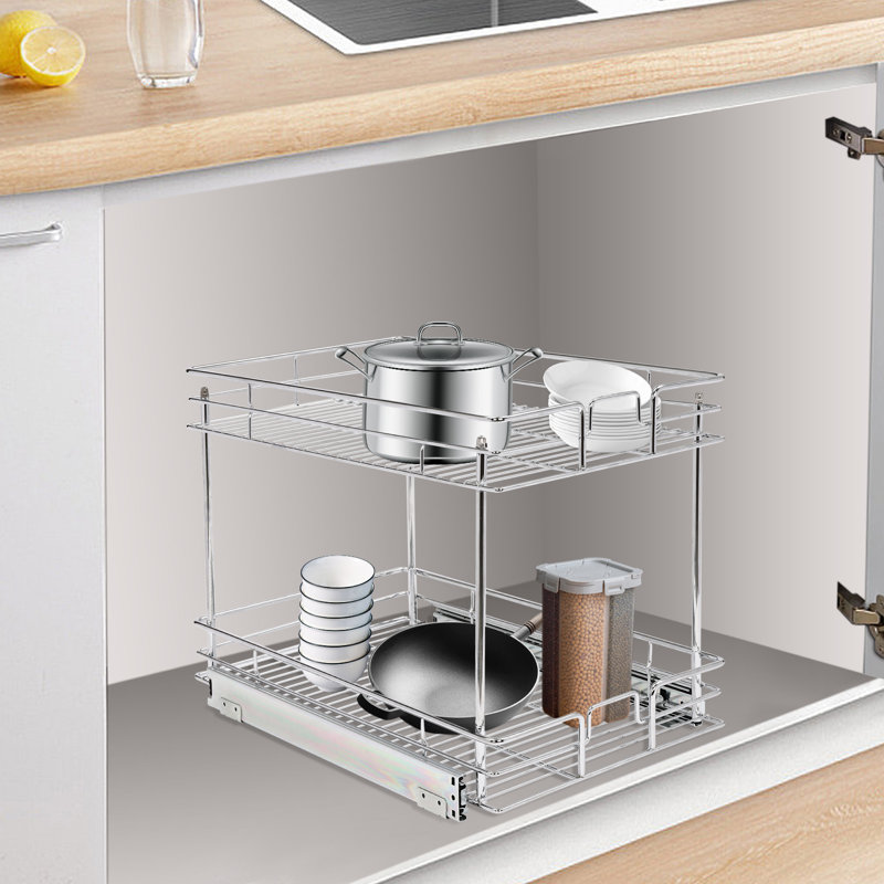 Melan 2-Tier Pull-out Cabinet Organizer Kitchen Shelves, Silver