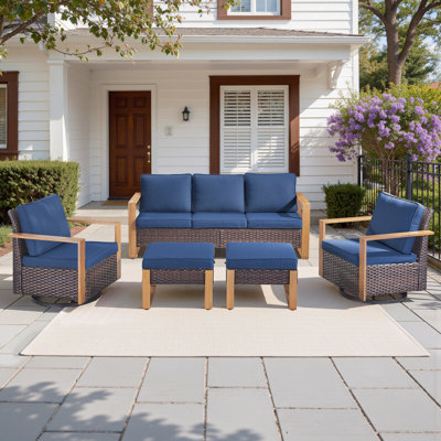 Allcot 5 Pieces Patio Furniture Set, Outdoor Wicker Sofa Couch with Rocking Swivel Chairs Comfy Cushions
