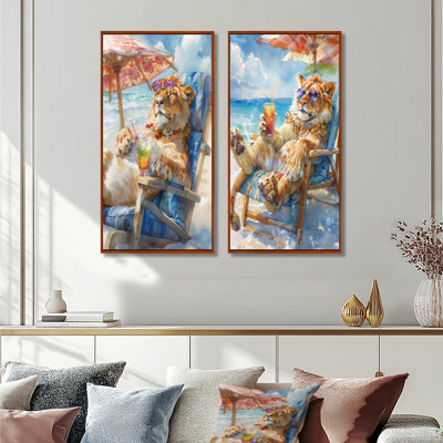 Lion se détendant sur la plage I - ensemble d'art mural animaux côtiers 2 pièces