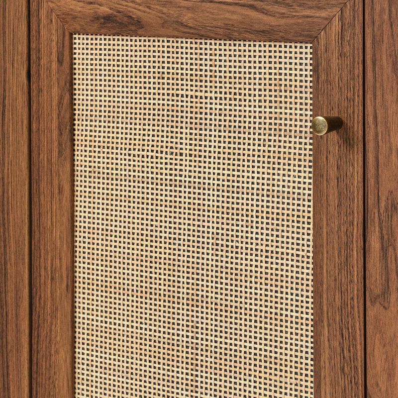 Walnut Wood Office Desk with Rattan Door and Keyboard Tray