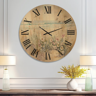Large Botanical Printed Wood Wall Clock – Wildflowers on the Beach