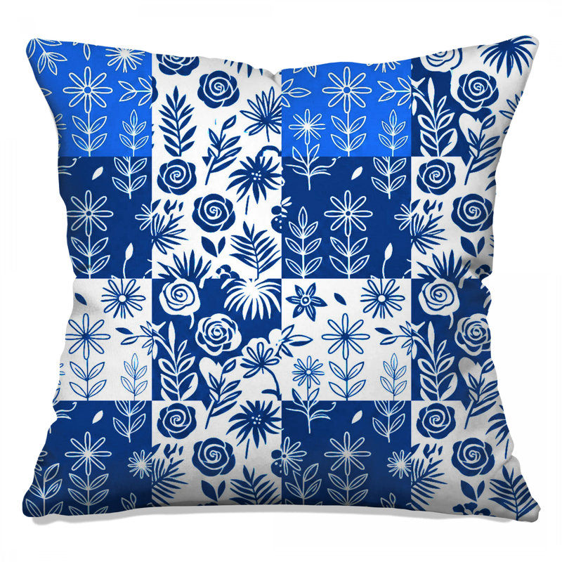 Blue White Floral Pattern Double Sided Throw Pillows, 14 x 14 inches
