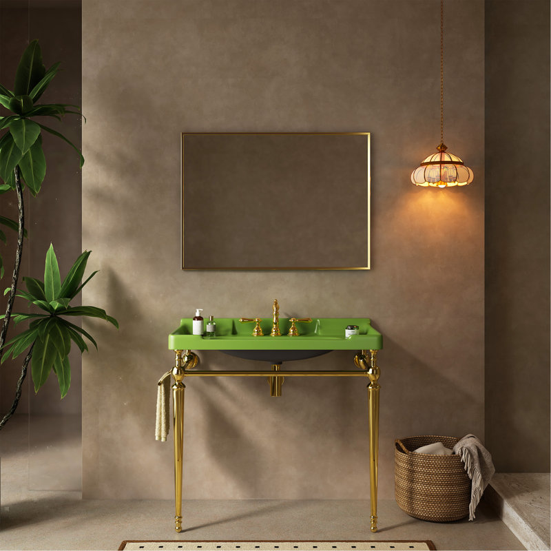 Luxueux lavabo console avec lavabo en céramique de qualité supérieure et pieds élégants en acier inoxydable, Vert, Doré