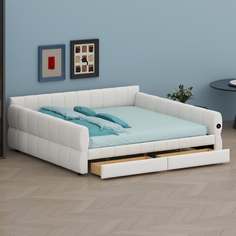 Lit tapissier moderne avec connectivité USB et tiroirs de rangement intégrés, Blanc