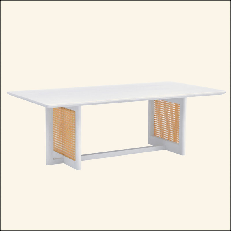 Table basse de style chinois en bois massif blanc et imitation rotin, table basse rectangulaire en bois massif, table basse rectangulaire classique en bois massif - conception de pieds imitation rotin.