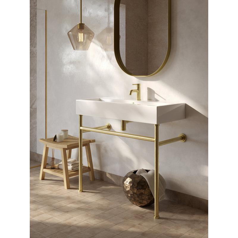 Lavabo de salle de bain console en céramique avec trop-plein, Blanc / chrome poli