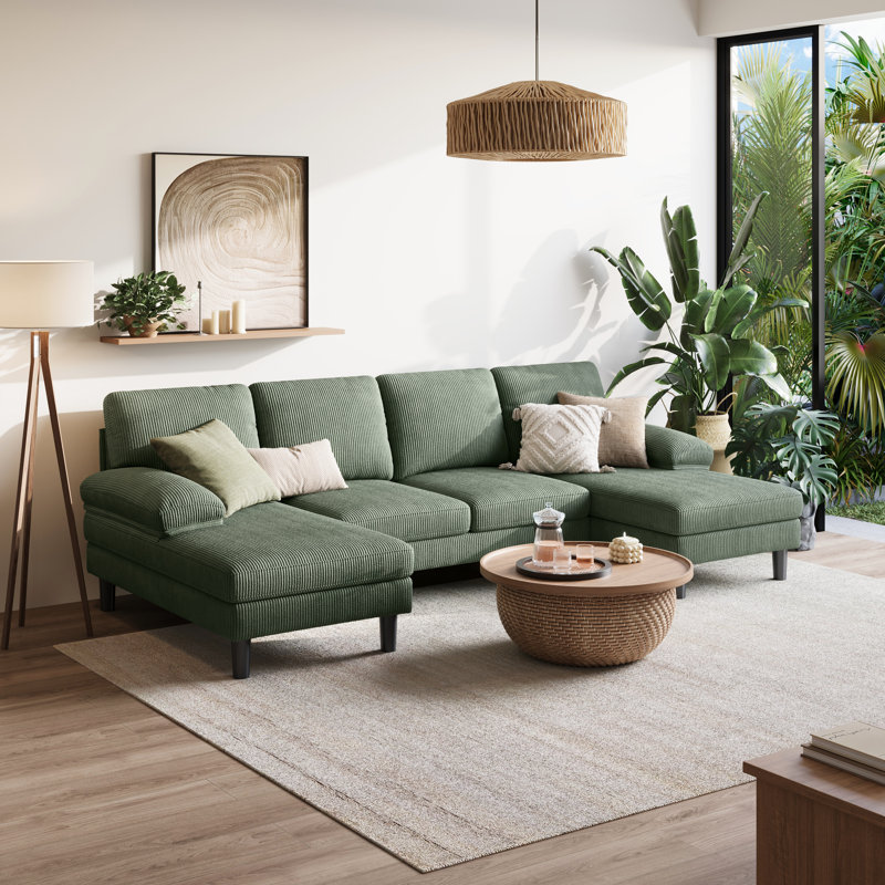 Canapé modulaire rembourré en U avec méridienne double 105 po Torince , Velours côtelé vert Elio