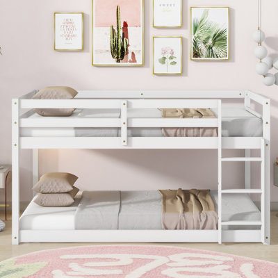 Solid Rubber Wood Twin Over Twin Floor Bunk Bed – Low-height Design With Wide-step Ladder, Strengthened Slat Platforms (13 Plywood Slats For Upper Bed), Space-saving For Kids’ Bedrooms, Easy Assembly