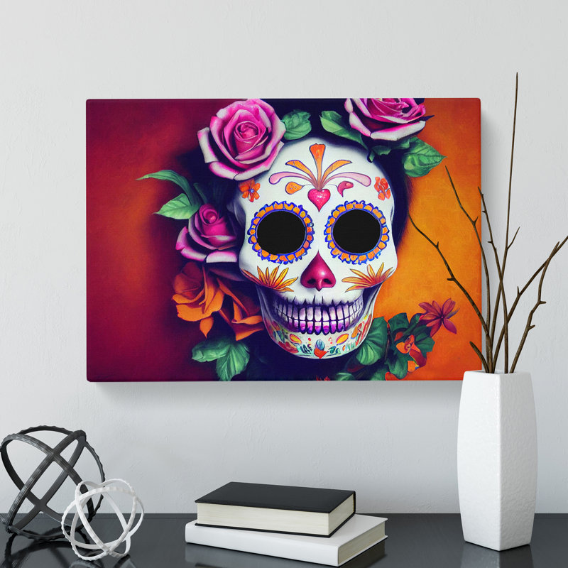 XXX-H1022-WF-7366X Refined Floral Sugar Skull - Wrapped Canvas Print, 35cm H x 50cm W x 3cm D