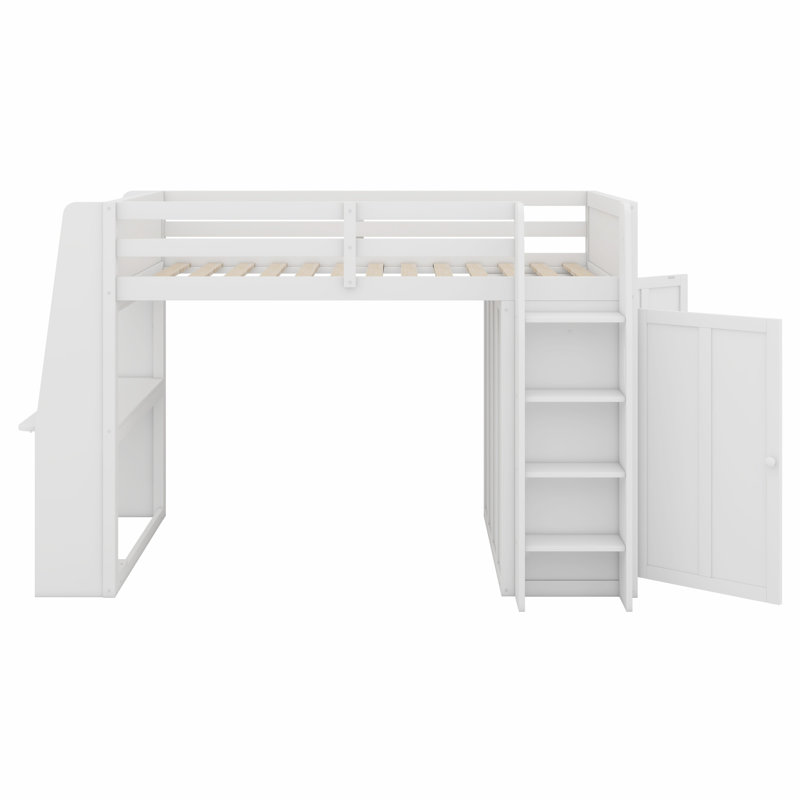 Lit mezzanine multifonctionnel, bureau d'écriture intégré, lumières DEL, tablettes de rangement, garde-robe à double porte