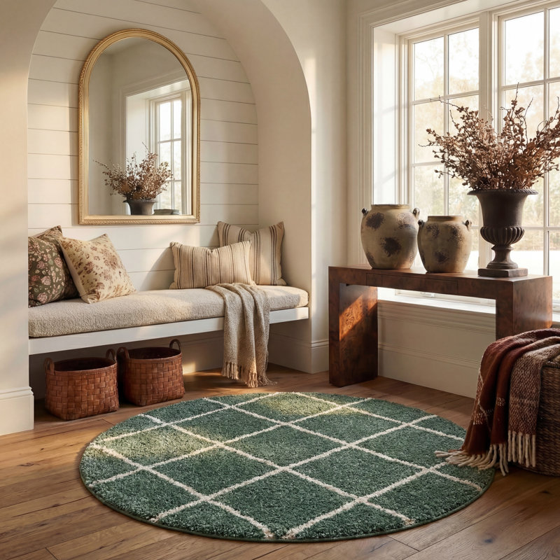 Cotswald Performance geometric rug, Rond 7 pi, Ivoire / vert