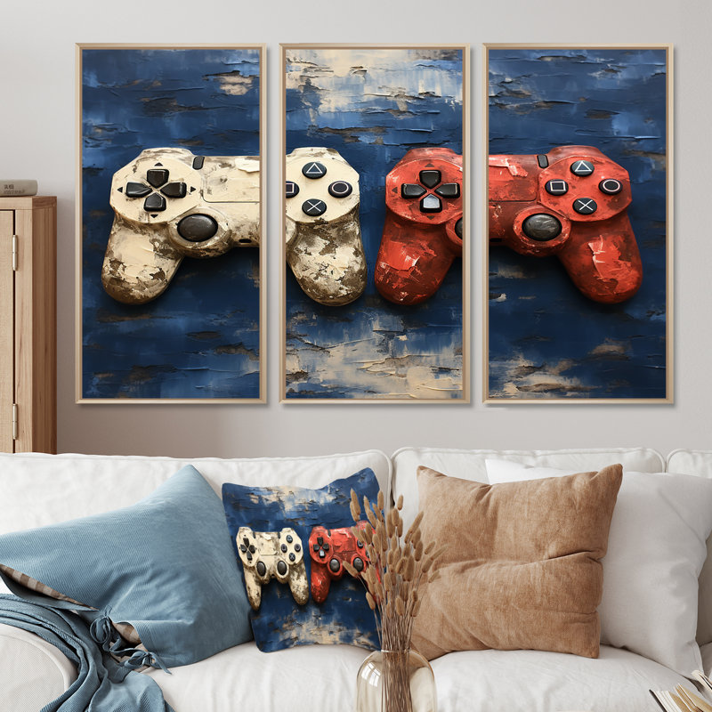 White and Red Ps Video Game Controllers - Art mural de jeux vidéo, H 32 po x l 48 po, Cadre flottant érable