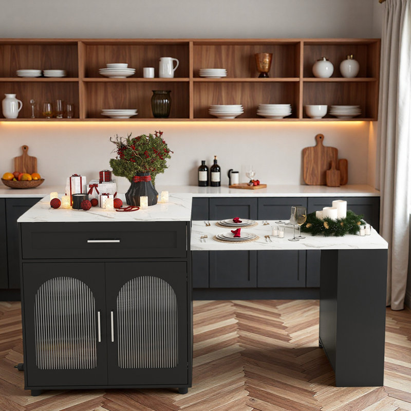 Îlot de cuisine extensible avec table de salle à manger, prise de courant, 2 tiroirs, tablettes ouvertes et roues mobiles