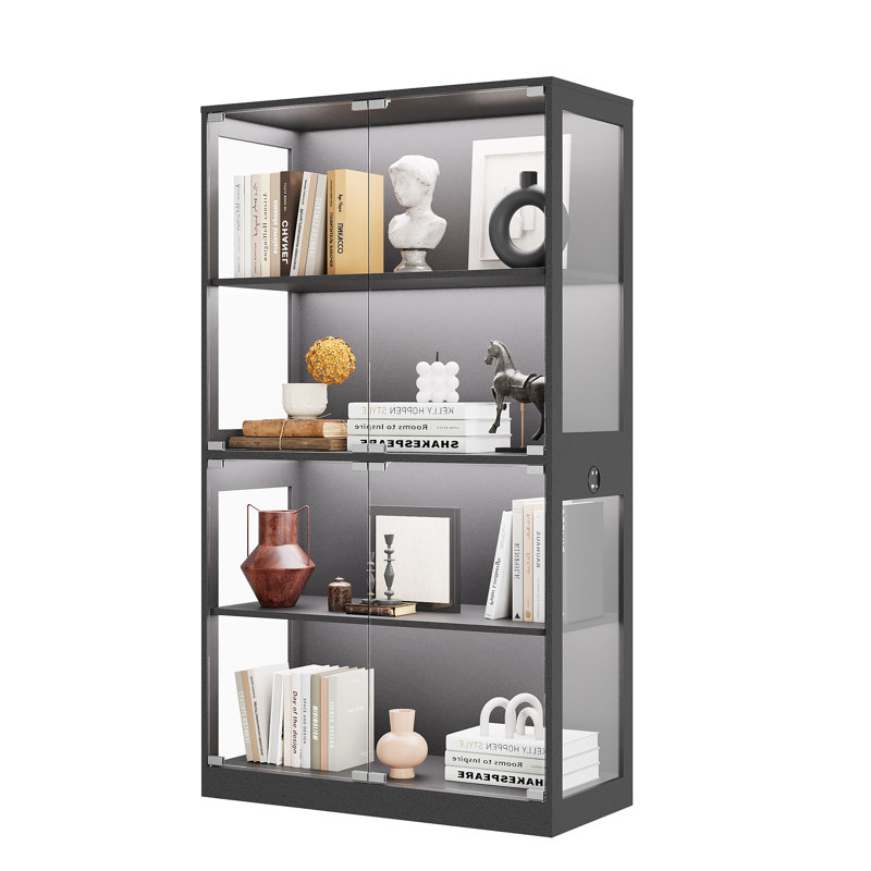 Vitrine avec portes en verre, vitrine à 4 niveaux, ports de charge et capteur de mouvement, noir, Noir