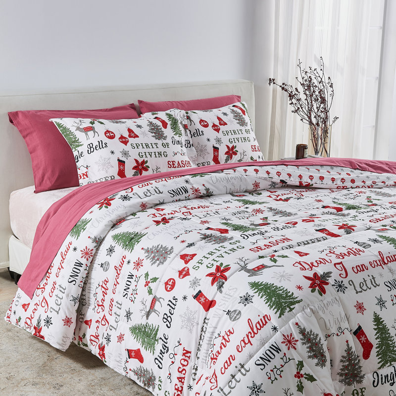 Holiday Printed Down-Alternative Comforter Set with Shams, Queen Comforter + 2 Standard Shams, Carol