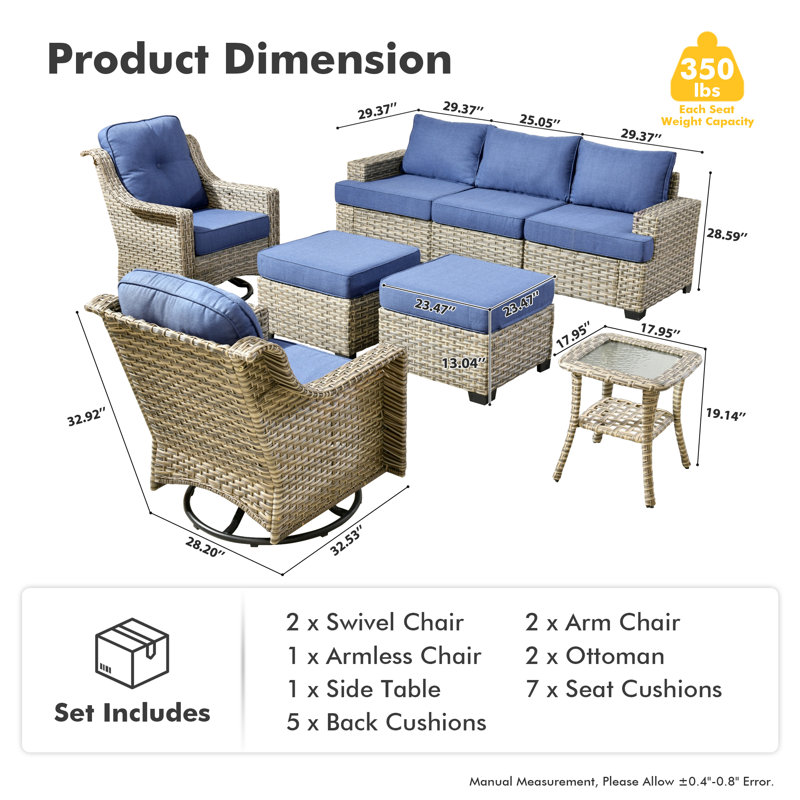 Ensemble de conversation d'extérieur pour 5 personnes, canapé de patio en osier et fauteuil pivotant avec coussins Wahkon