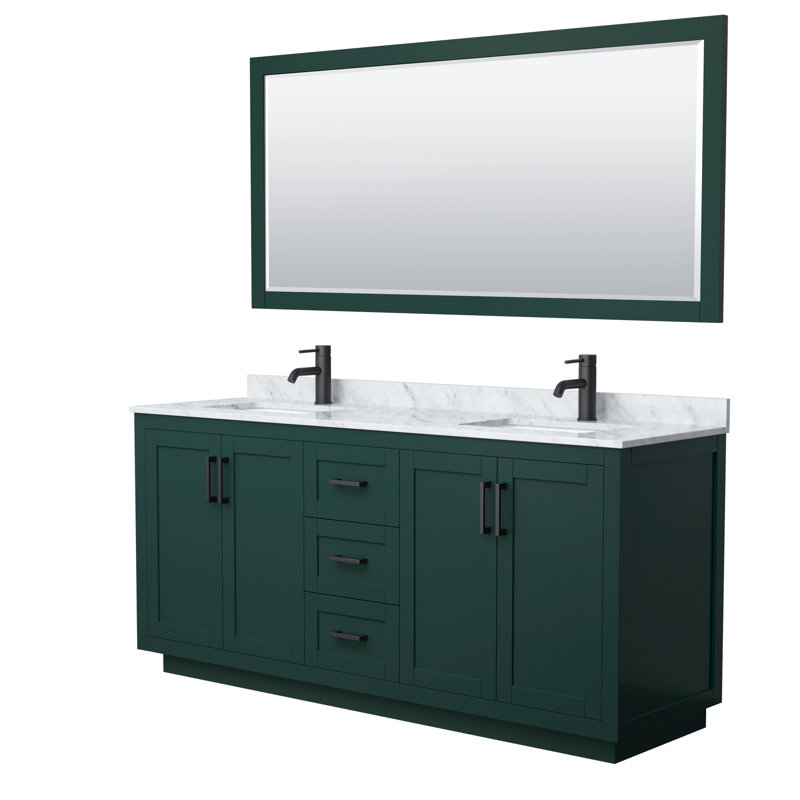 Miranda 72" Freestanding Double Bathroom Vanity with Marble Top with 70" Mirror, Matte Black, Green